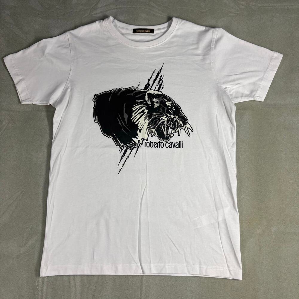 Roberto‎ Cavalli White Men's Tiger Graphic Logo Cotton T-Shirt Sz Small Preowned